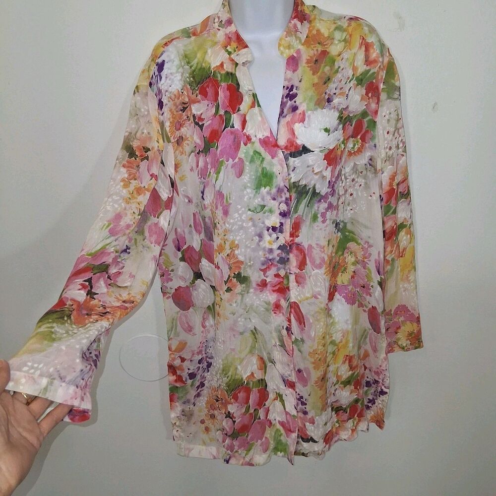 Vintage Floral Abstract Tunic Blouse Sz L Semi Sheer Bloomcore Grandmacore Art